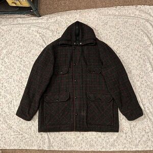 Vintage Johnson Woolen Mills Hunting Coat Adirondack Plaid Split Hood Blanket